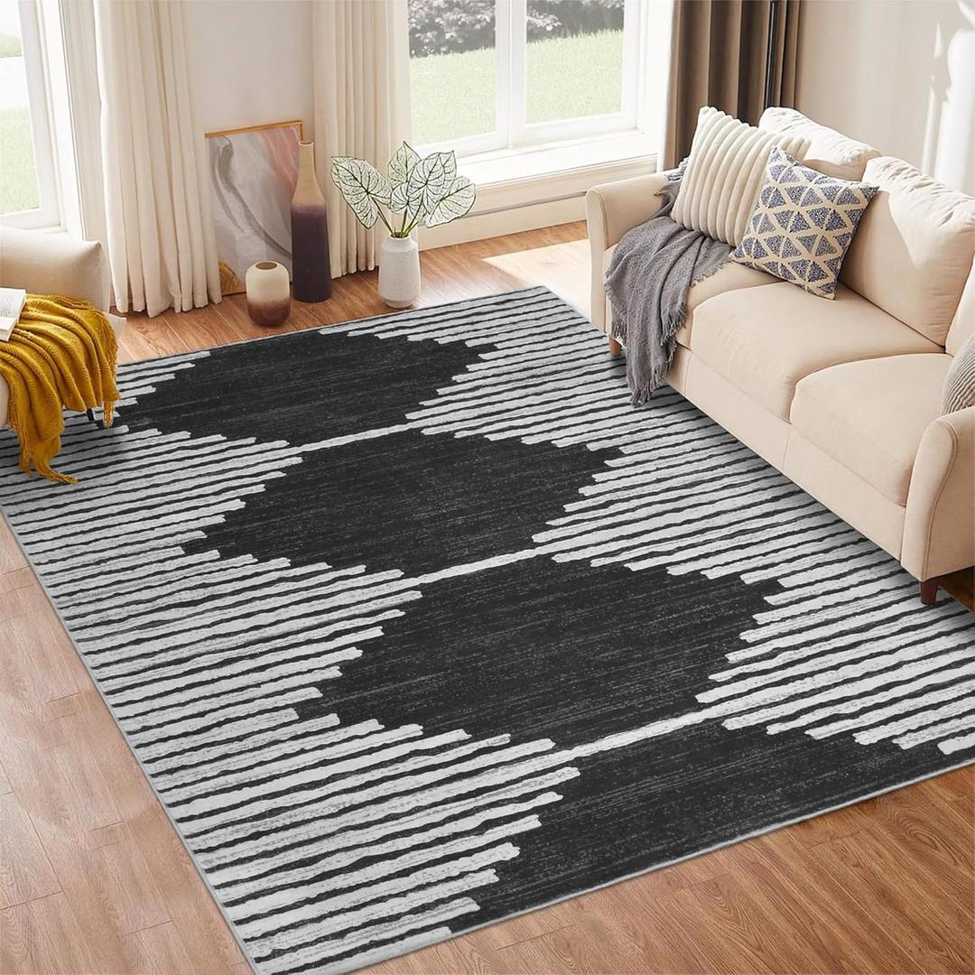 HelloTree Area Rug for Living Room Washable Geometric Moroccan Rug Stripe Farmhouse Bohemian Minimalistic Non Slip Non Shedding Ultra Thin Soft Rug for Bedroom Office DiningRoom Nursery-Black 5'x7'