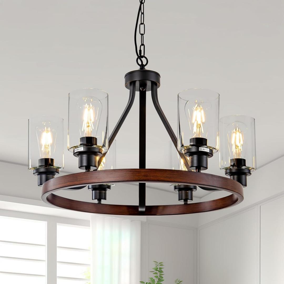 Lanhall 6-Light Farmhose Chandelier for Dining Room Light Fixture Faux Wood Kitchen Pendant Light Round Rustic Ceiling Hanging Lighting with Glass Globes Adjustable Height Metal E26