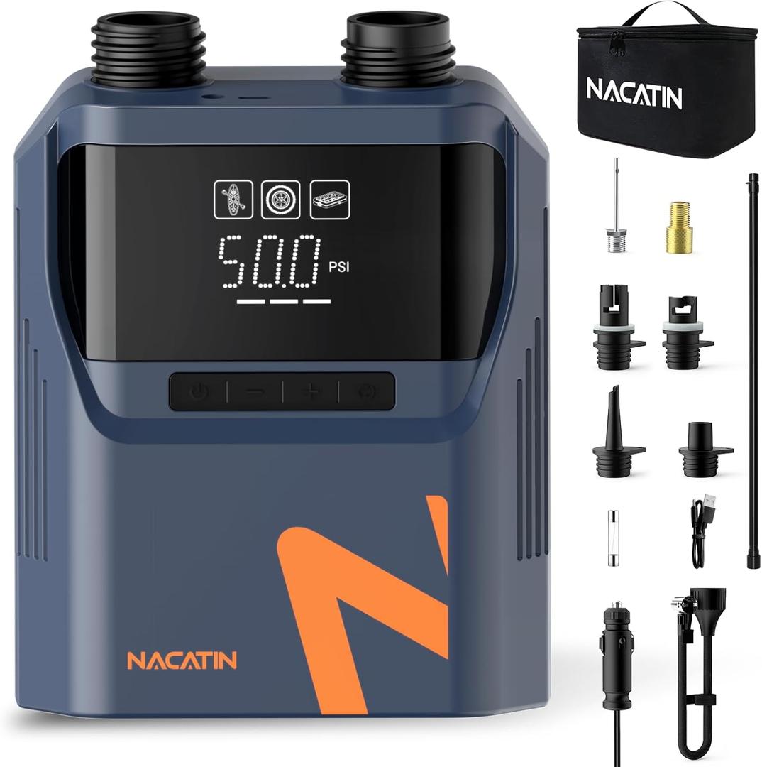 Nacatin 50PSI Electric Paddle Board Pump, 5200mah Dual Stage SUP Pump with 6 Nozzles Auto-Off Inflation/Deflation Air Pump for Inflatable Paddle Boards, Cars,Balls,Bicycles