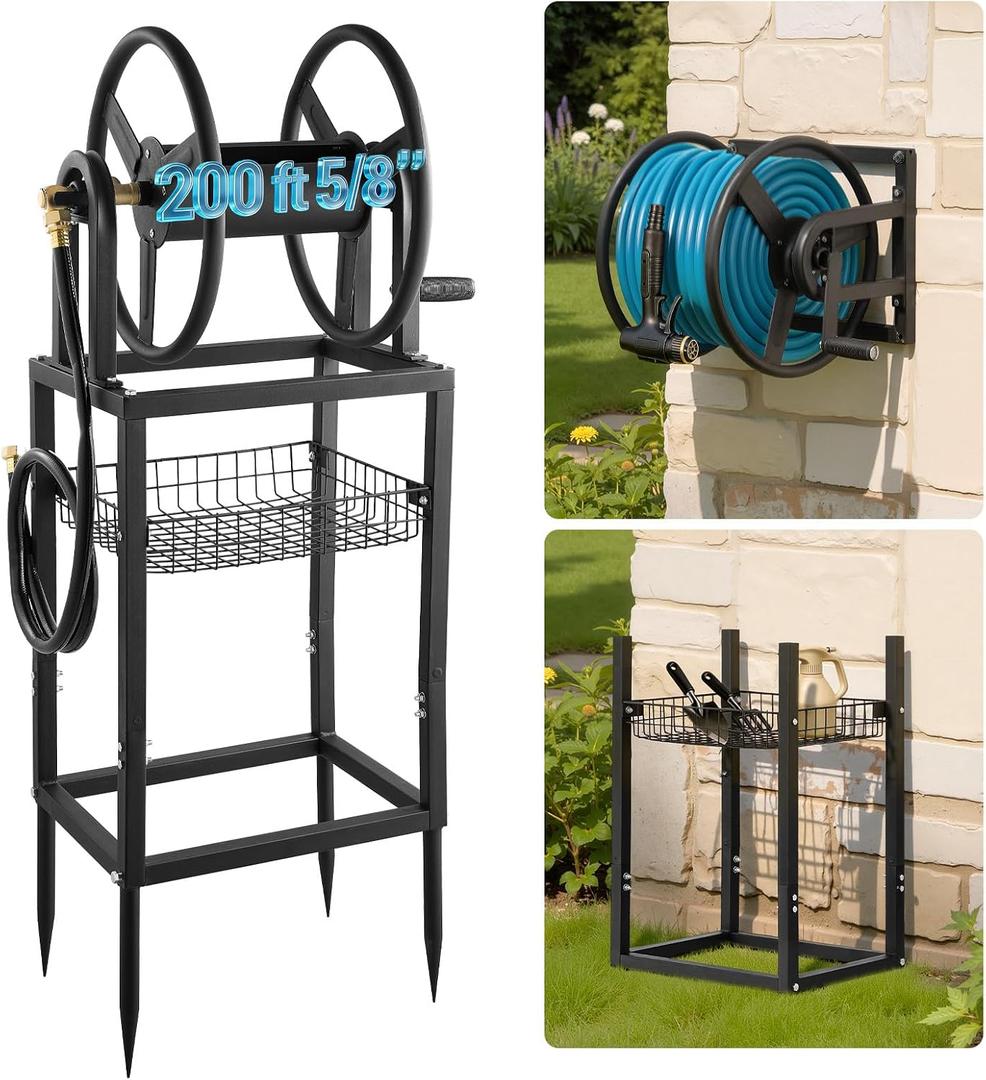 VEVOR Freestanding Garden Hose Reel, Holds 200 Feet of 5/8-inch Hose, Wall Mount or Ground Mount, Detachable Holder Stand with Storage Rack, 5 ft Leader Hose, Brass Fitting, 4 Spikes, for Backyards