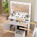 Haewon Vanity Desk with Mirror, 11 LED Lights and Power Outlet, Makeup Vanity Set with Storage Cabinet, Drawers and Chair, White Dressing Table with 3 Adjustable Light Modes for Bedroom, Medium