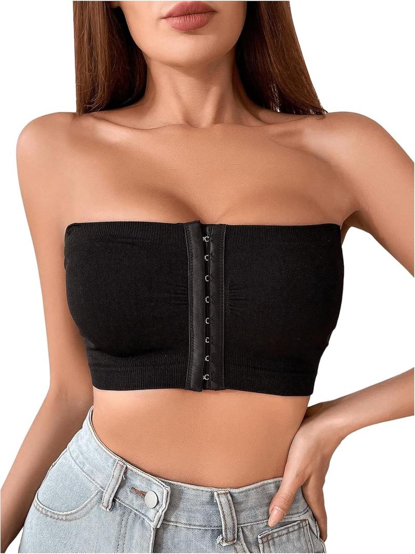 MakeMeChic Women's Front Closure Strapless Bras Open Back Bandeau Bra Wireless Bralette (Black)