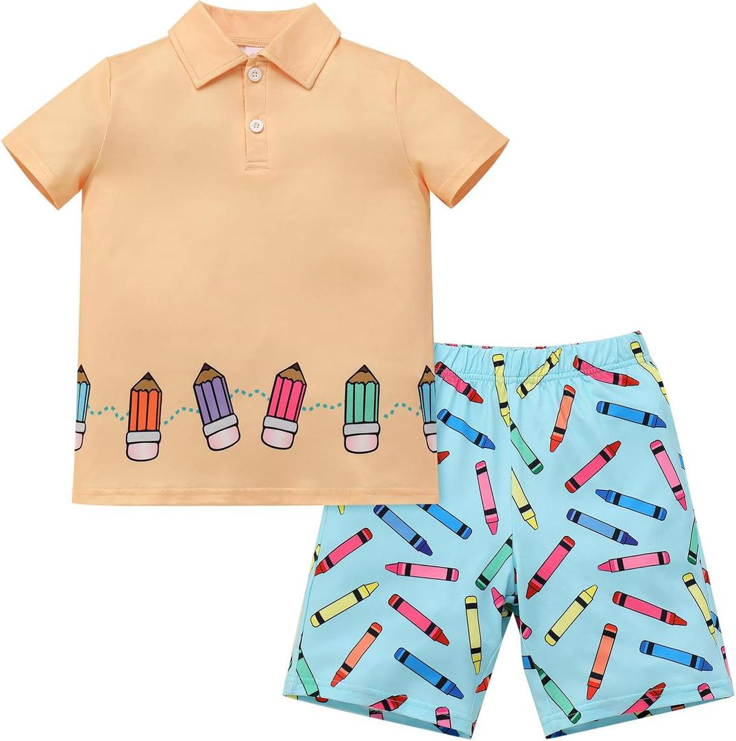 ODASDO Boys Back to School Outfit Pencil Printed Short Sleeve T-shirt Tops and Shorts Set Kids Preschool Kindergarten Clothes (Yellow Blue)