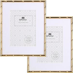 8x10'' Bamboo Detail Gold Metal Picture Frame with Acid Free Mat for 5x7'' Set of 2, Narrow Gold Plated Photo Frames 5 x7'' With Soft Touch Velvet Backing for Desktop and Wall Dcor(Dark Gold)