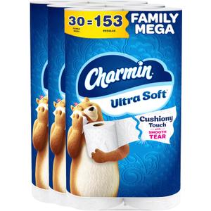 Charmin Ultra Soft Cushiony Touch Toilet Paper, 30 Family Mega = 153 Regular Rolls, 2-Ply, White