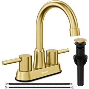 Gold Bthroom Faucet, Brushed Gold Bathroom Faucet, Gold Faucets for Bathroom Vanity, 4 Inch 2 Handle Centerset, Lead-Free, with Copper Pop Up Drain (Brushed Gold)