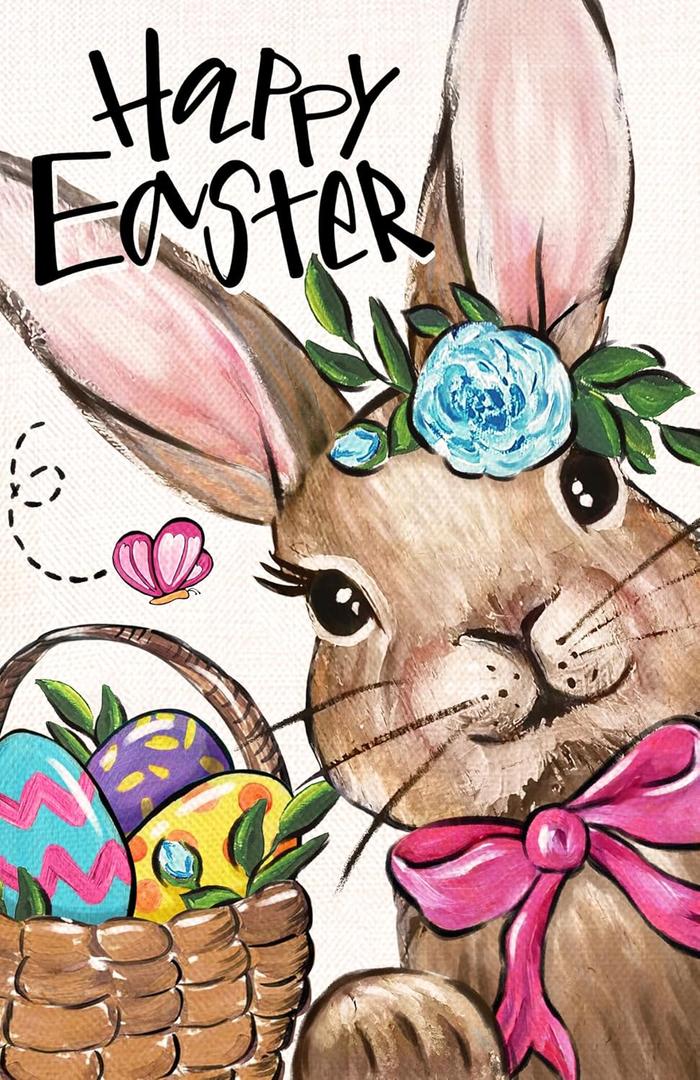 Home Decorative Happy Easter Rabbit Bunny Garden Flag, Colorful Easter Eggs Yard Outside Decorations, Spring Outdoor Small Decor Double Sided 12 x 18 (Multicolored)