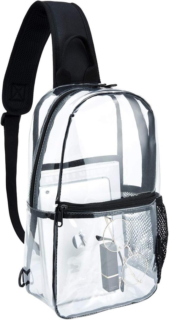 See-Through Clear Sling Backpack, Crossbody Bag for Men, Transparent Concert Approved Bag Plastic One Strap (Medium, Black)