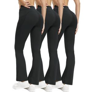 3 Packs Women's Flare Leggings with Pockets, Soft High Waisted Tummy Control Bootcut Workout Yoga Pants (Black) S