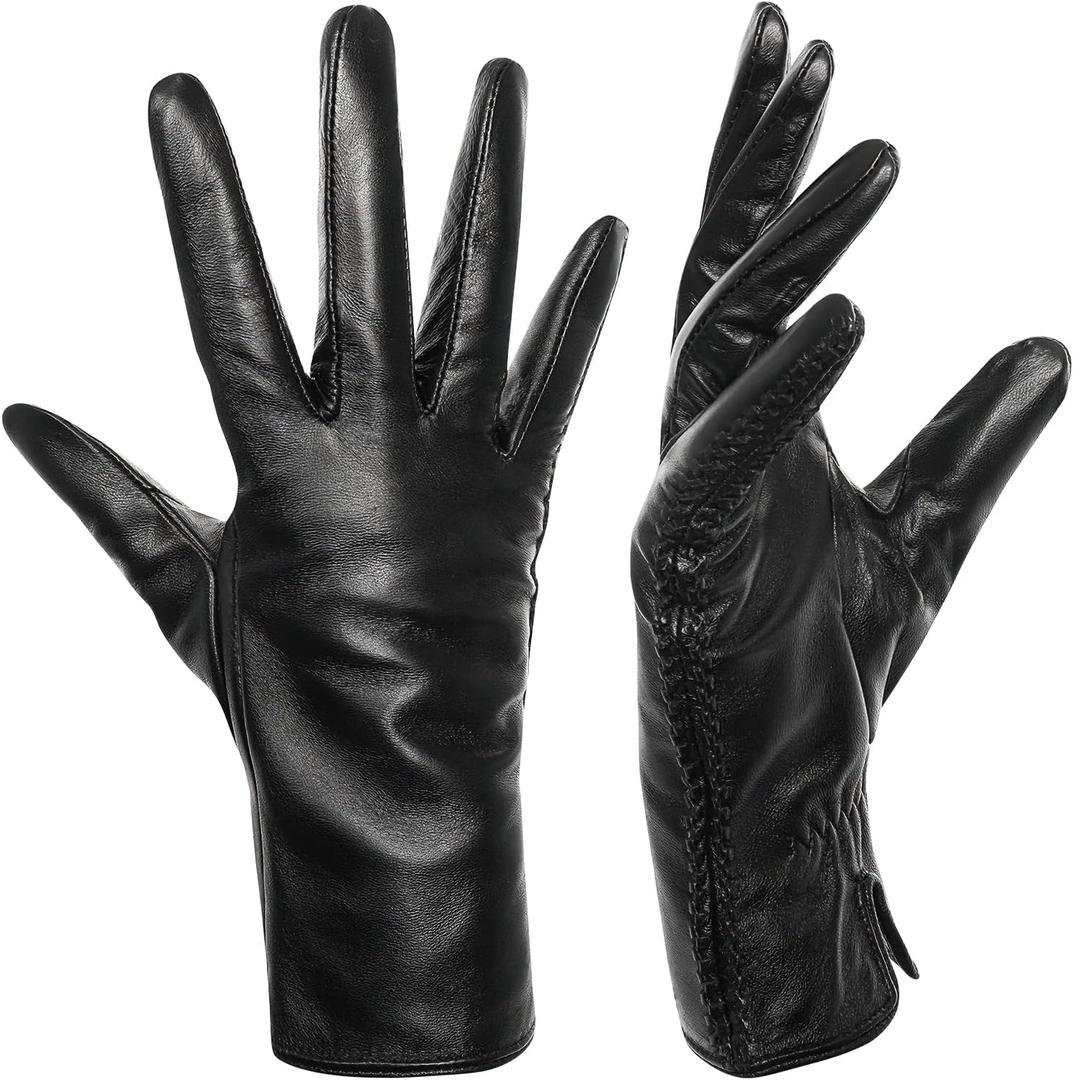 Womens Leather Gloves Wool Lined Warm Glove Touchscreen for Winter Driving Lambskin Dress Gloves Cashmere Lined (Black, M)