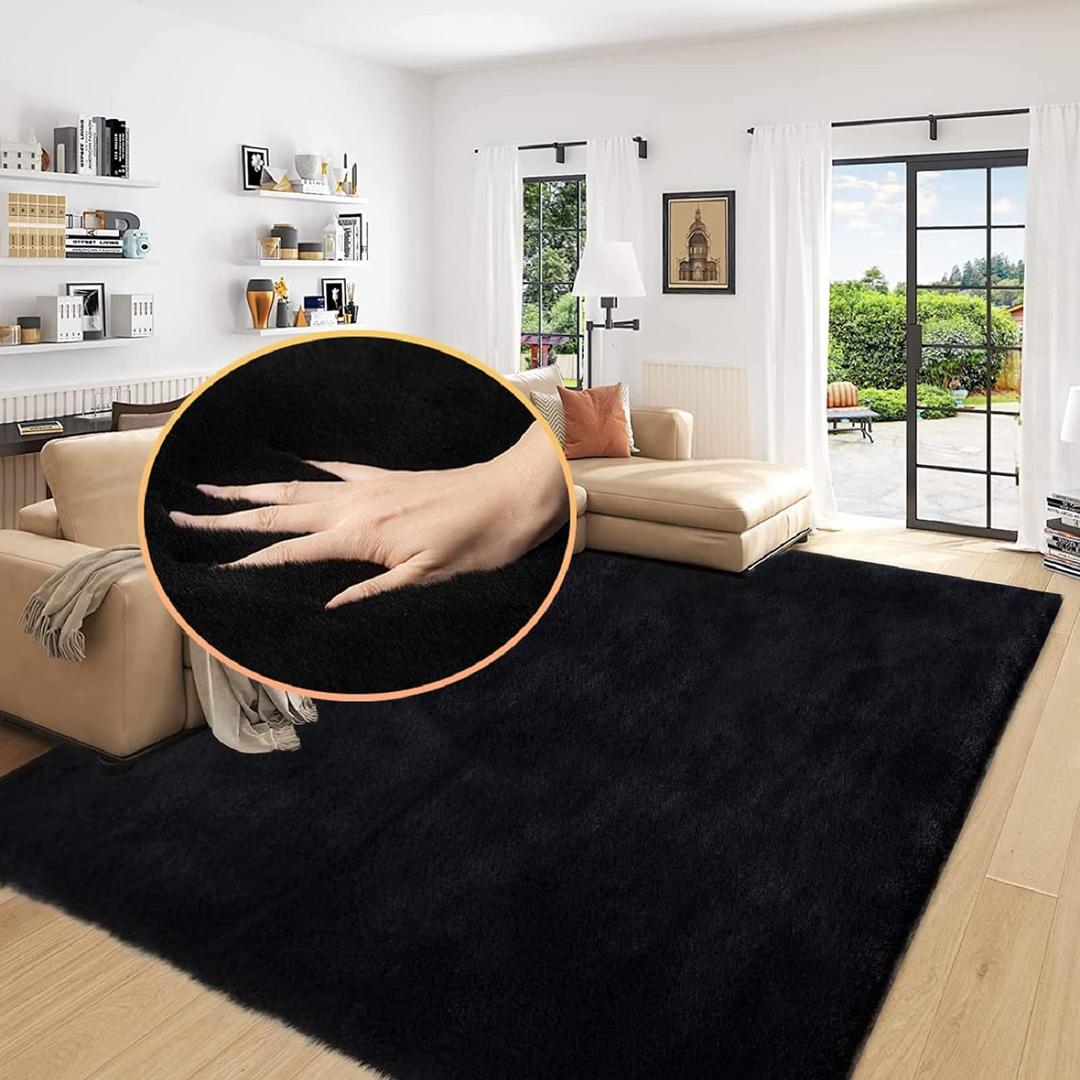 Black Washable Area Rugs 6x9 Rugs for Living Room Faux Rabbit Fuzzy Fur Rug for Bedroom Nursery Rugs Room Dcor