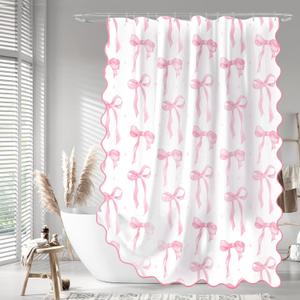 MUGINYU Girls Pink Bow Shower Curtain with Scalloped for Preppy Bathroom Decor,Cute Ruffle Girly Shower Curtains,Coquettecute Chic Aesthetic Shower Curtain Set with Hooks 72x72 Inch
