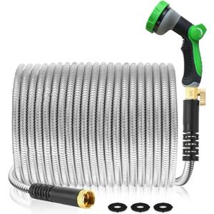 Metal Garden Hose 100Ft Stainless Steel Water Hose Heavy Duty with 10 Way Nozzle-Flexible Lightweight Durable No Kink & TangleStrong 3/4 Solid Metal Fitting a Stop Valve for Outdoor Yard (Silver)