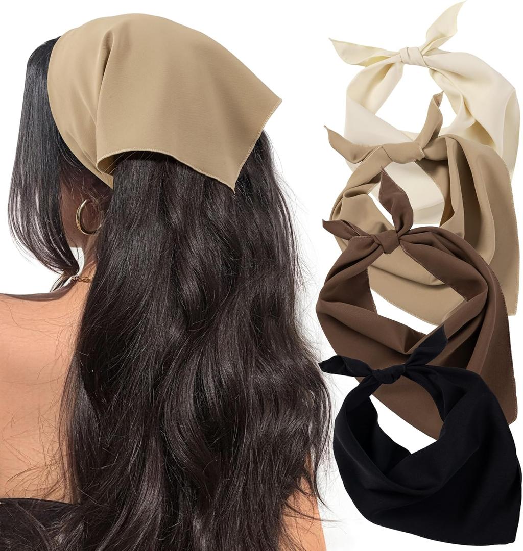 HBselect 4PCS Bandanas for Women Boho Head Bands Tie-Back Triangle Head Scarf Head Kerchief for Girls with 2 Snap Hair Pins (Black, Beige, Khaki, Brown)