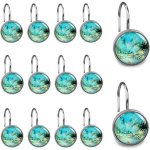 Decorative Blue Green Glass Shower Curtain Hooks Glass Curtain Rings,Stainless Steel Rust Bathroom Hooks for Bathroom Bedroom Kitchen Home Bath Room Rods Decor 12Pcs