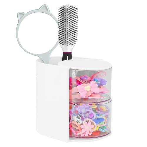 Hair Accessories Organizer with Hair Brush Holder, Rotatable Makeup Brush and Jewelry Storage Box for Hair Clips, Earrings, Necklaces, Bracelets, Rings, and Daily Accessories (White, 2-Layer)