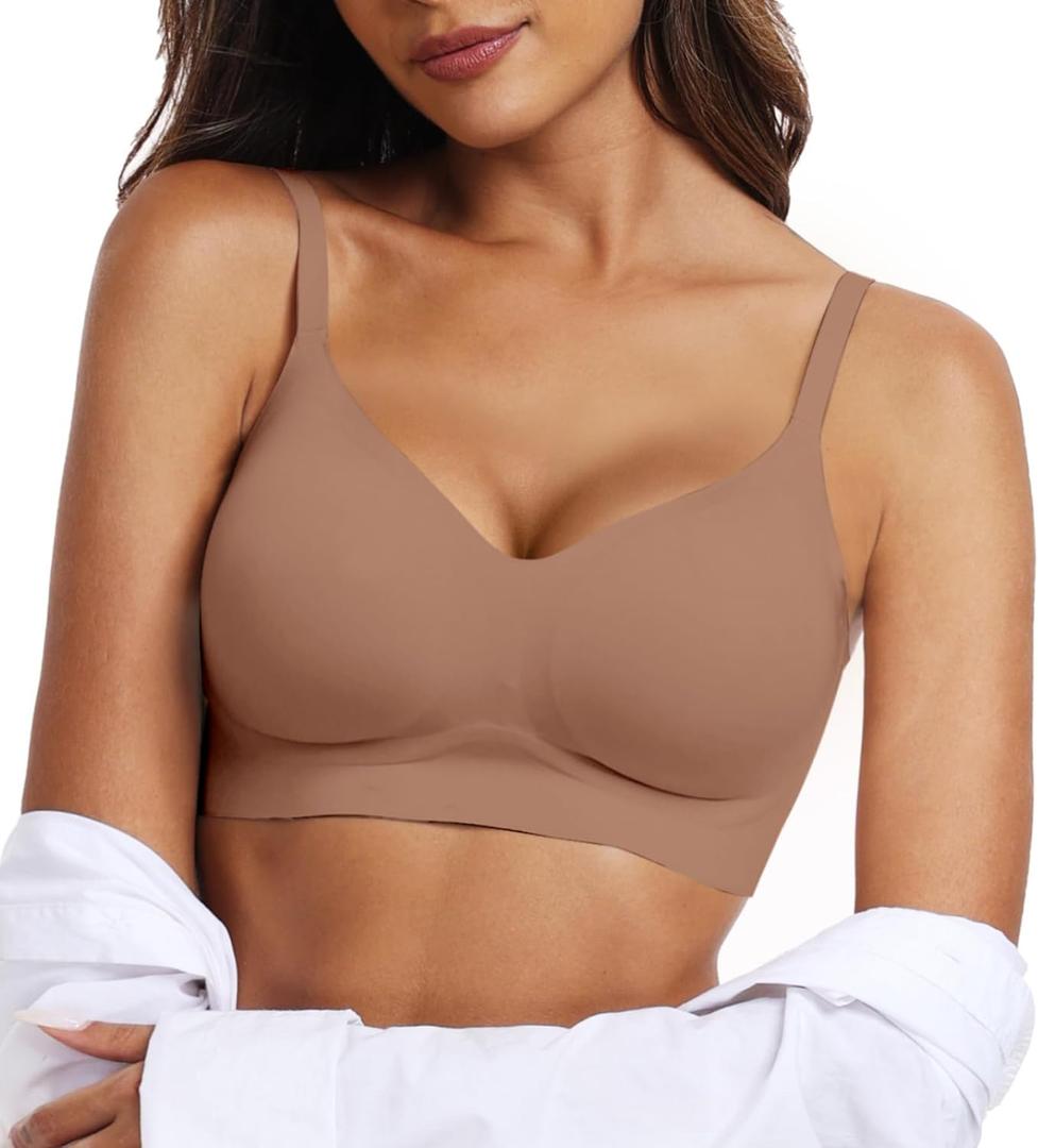 OEAK Womens Wireless Jelly Bras Comfortable Push Up Bra No Underwire Gel Bra Full Support Lift Everyday Seamless Tshirt Bras (Beige, L)
