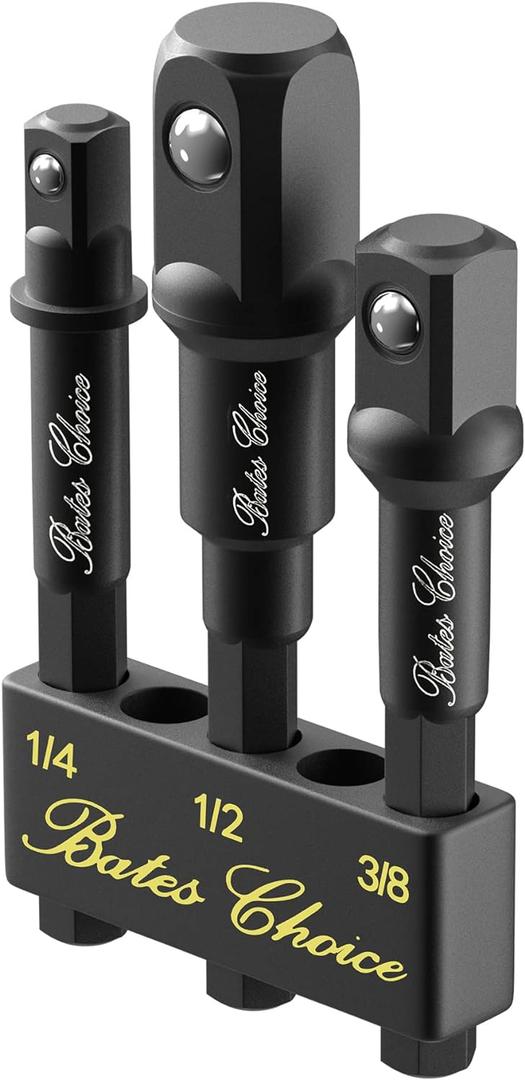 Bates Impact Socket Adapter Set, 3 PCS, 1/4", 3/8" and 1/2", With Holder (Black)