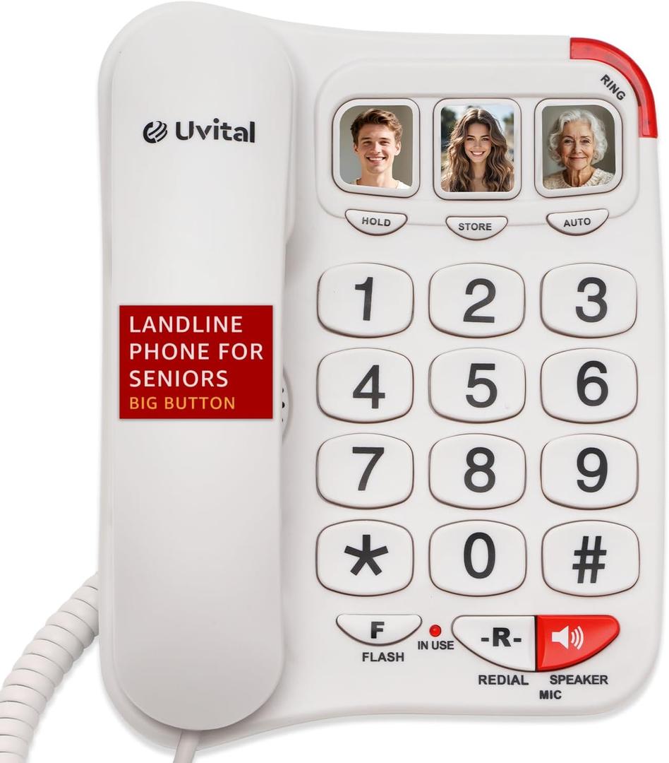 Uvital Big Button Phone for Seniors - Simple Basic Telephone for Elderly, White Telephone Landline Phones, Home Phone for Seniors - Amplified Ringer | Loud Speaker | One-Touch Dial Photo Button