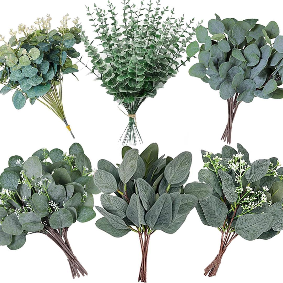 240Pcs 6 Kinds Mixed Eucalyptus Leaves Stems Bulk Artificial Silver Dollar Leaves Picks Dried Eucalyptus Bundle Faux Spray for Wedding Vase Bouquet Decor (Eucalyptus Leaves Stems-240)