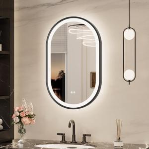 Keonjinn Oval LED Bathroom Mirror 20x32 Inch, Black Beveled Metal Frame, Frontlit & Backlit Bathroom Mirror with 3 Color Tempurature, Dimmable Lighted Mirrors for Wall with Anti-Fog, HD Tempered Glass