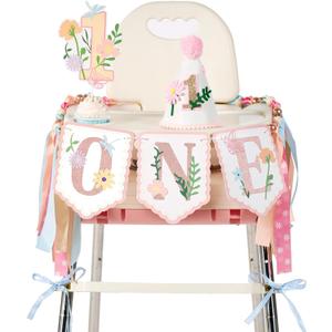 Girl 1st Birthday Decorations, Floral High Chair Banner with 1st Birthday Cake Topper and Birthday Hat, Flower Themed First Birthday Party Supplies