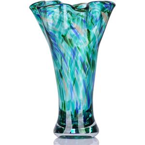 9.0" H Teal Glass Vases for Flowers, Unique Hand Blown Glass Vase Green Home Decor, Wide Mouth Colorful Flower Vase Centerpieces, for Living Room Table Bookshelf, Bathroom Office Shelf Decorative