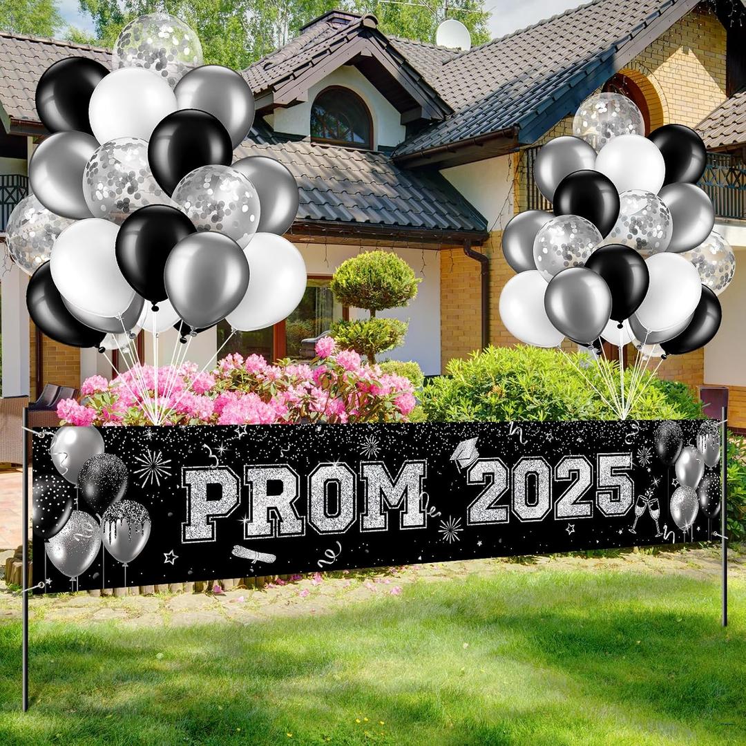 36 Pcs Graduation Prom Banner Decorations for Party 2025, Prom 2025 Congrats Grad Banner Yard Decorations, Black and Silver Glitter Balloons Decor Set Hanging Photo Backdrop Party Supplies