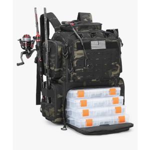 Tactical Fishing Tackle Backpack with Tackle Boxes, Rod Holders, Bottle Holder, 50 L Large Insulated Fishing Backpack Tackle Box with Cooler, Fishing Bag Store Gear & Equipment, Black CM