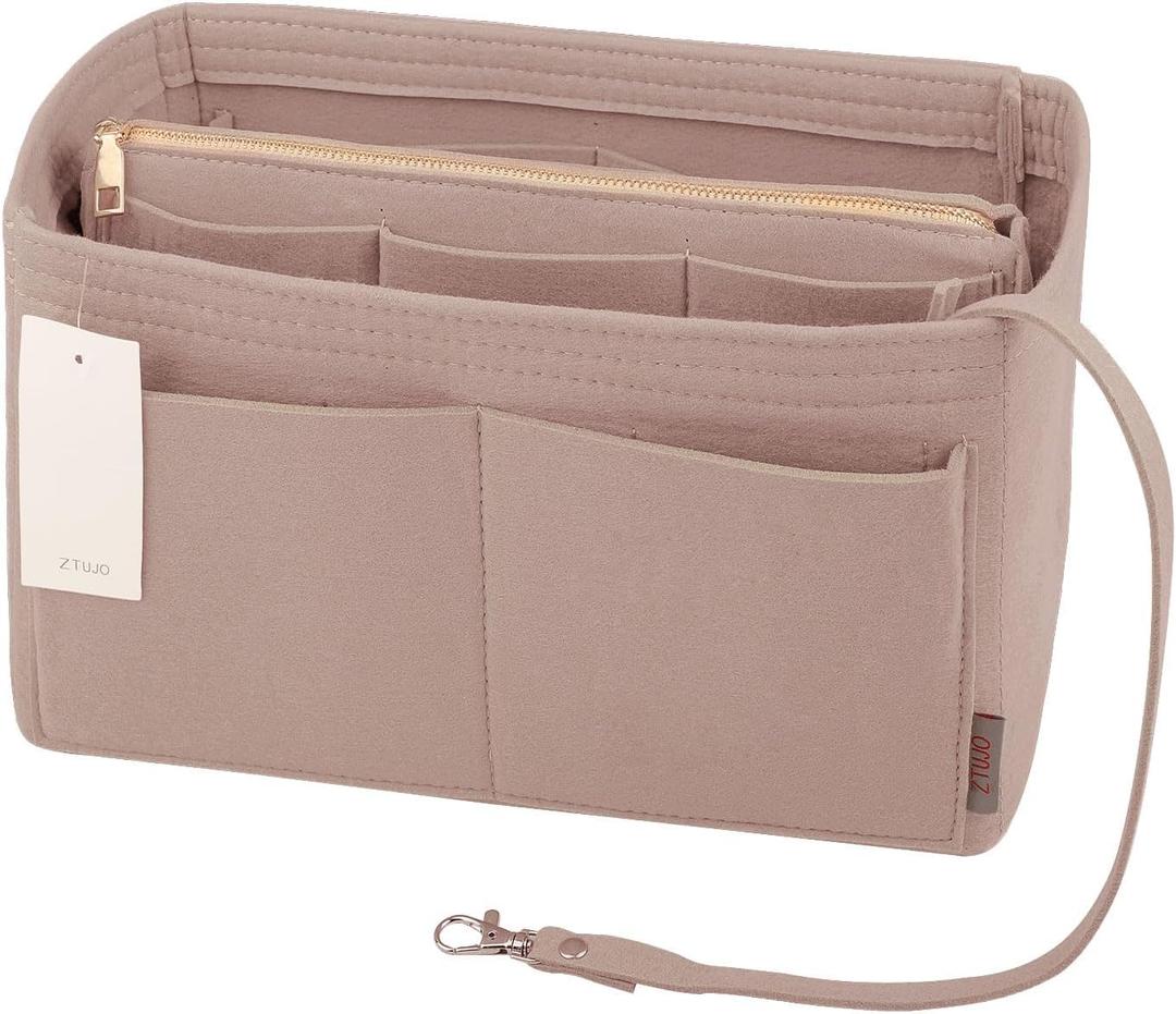 ZTUJO Purse Organizer Insert, Felt Bag Organizer with Metal Zipper, Handbag & Tote Shaper, For Speedy Neverfull Tote, 7 Sizes (Mini, Beige)