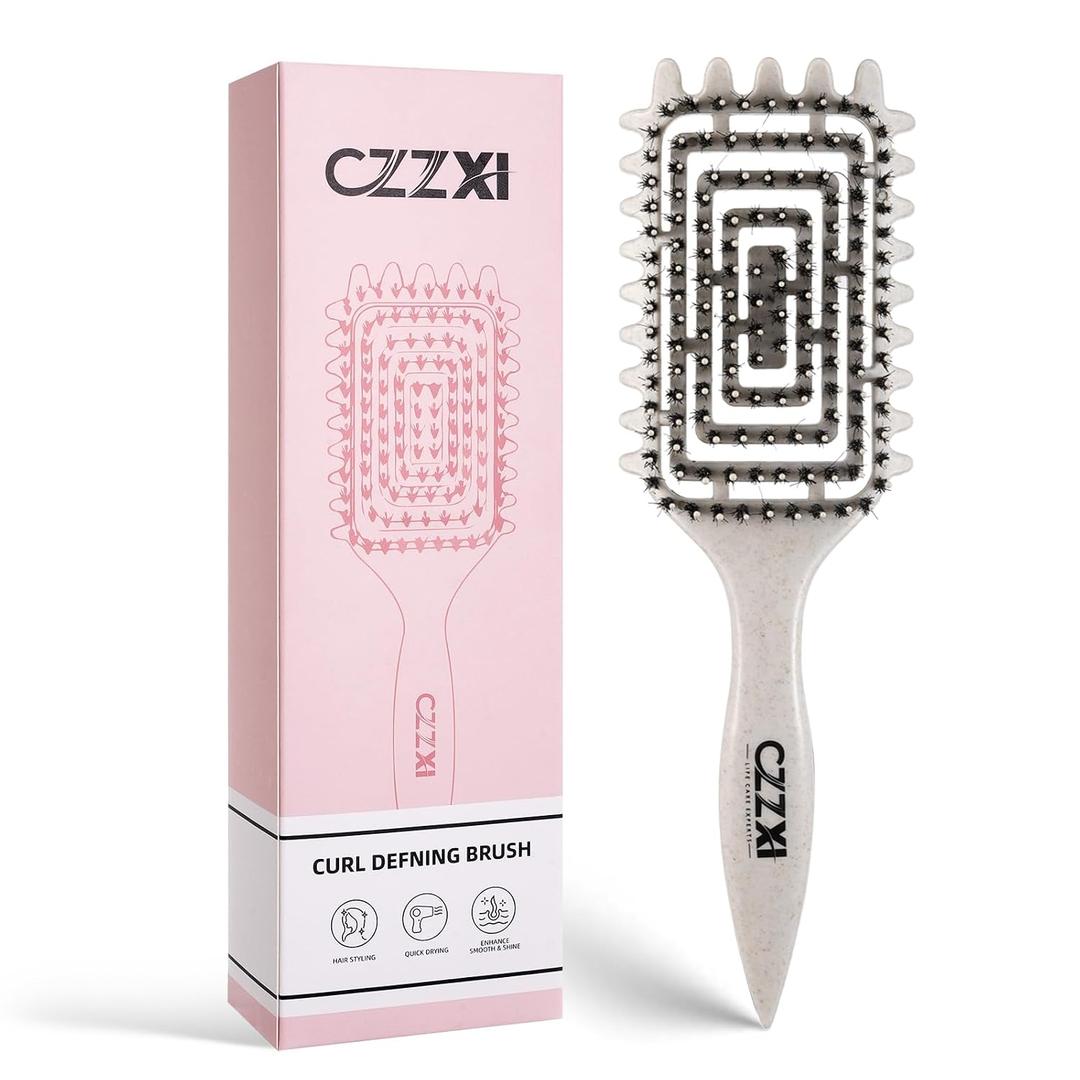 3 x CZZXI Curly Hair Brush, Tangle-Free Defining Brush for Volume, Curl Definition, Edge Lifting, and Enhancing Waves (Beige)