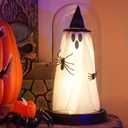Halloween Ghost Decorations, Glass Dome Ghost Light  Spooky LED Ghost Lamp with Witch Hat & Spider for Indoor Halloween, Battery Operated Tabletop Decor for Home, Mantel or Tiered Tray