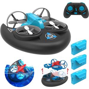 3 In 1 Sea Land and Air 360 Rolling Waterproof RC Drone,AIROKA Four Axis Aircraft High Speed Drift Cars RC Foam Boat Toys,For Beginners and gift to Boys or Girls(bule)