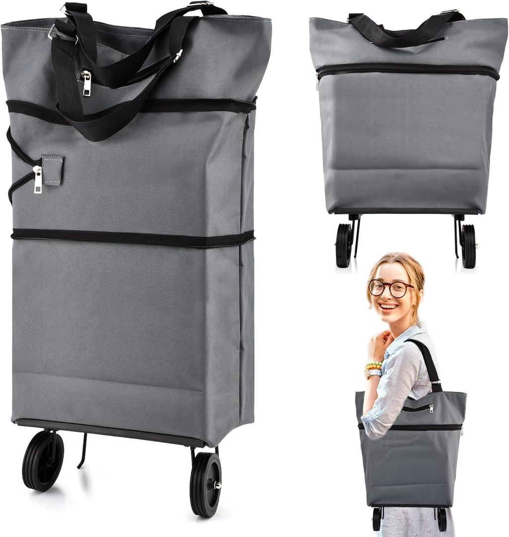 JIANWEI Collapsible Shopping Cart with 360 Swivel Wheels, Portable Folding Trolle-y Grocery Bag, Reusable Foldable Tote Grocery Cart Large Capacity Used for Travel and Home (Grey)