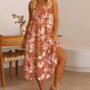Women's Sleeveless Tiered Midi Dress Boho Beach Vibes Print Square Neck Flowy Casual Summer Dress (Orange, S)