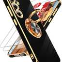 LeYi for Samsung Galaxy S24-FE Case: with 2 Pack Tempered Glass Screen Protector and 360 Rotatable Ring Holder Magnetic Kickstand, Plating Rose Gold Edge Funda para Galaxy S24FE 5G Case, Black