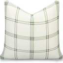 Crumbs Home Modern Farmhouse California Casual Indoor Outdoor Throw Pillow Cover, 22"x22" Water Repellent for Patio, Backyard, Couch, Poolside, Olive Light Green Print Plaid