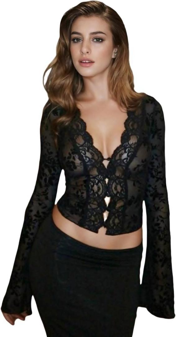 Women's Sheer Mesh Leopard Print Crop Top T Shirt Sexy Lace Deep V Neck Blouse Long Flare Sleeve Slim Tee Shirt (Medium, Black)