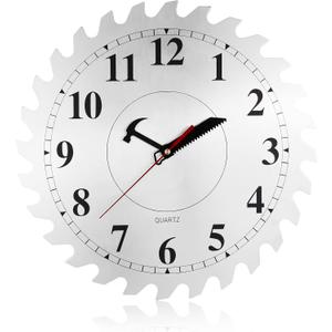 12 Inch Metal Wall Clock with Circular Saw Blade Dial, Handsaw and Hammer Pointer,Great Decor for Garage,Workshop and Man Cave (Silver)