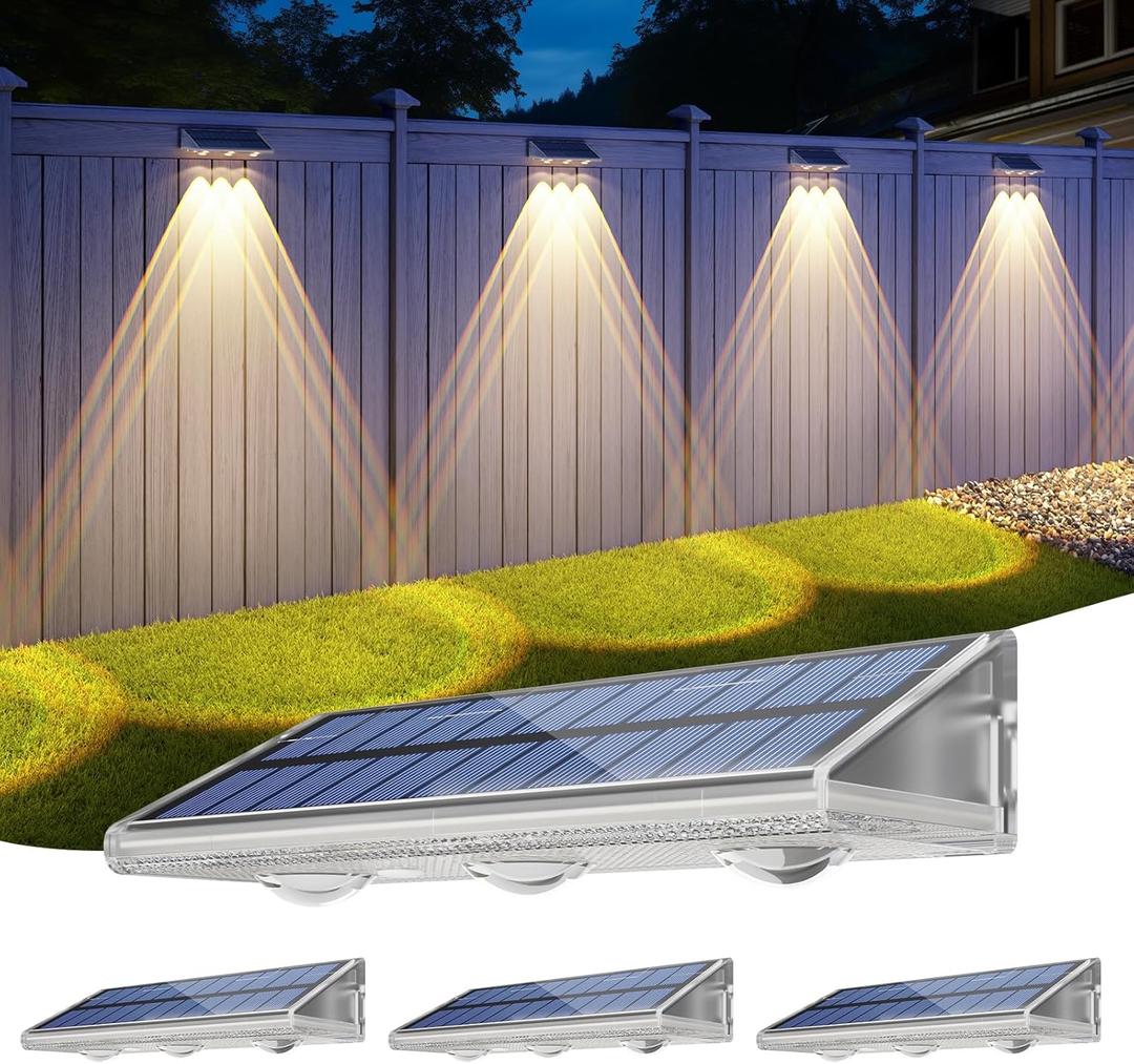 Yilaie Solar Fence Lights Outdoor-IP67 Waterproof 3000K/4500K/6500K,High Brightness LED Fence Lights Solar Powered,Solar Wall Light for Outside Backyard/Railing/Step/Patio/Stair Railings/Pool 4 Pack