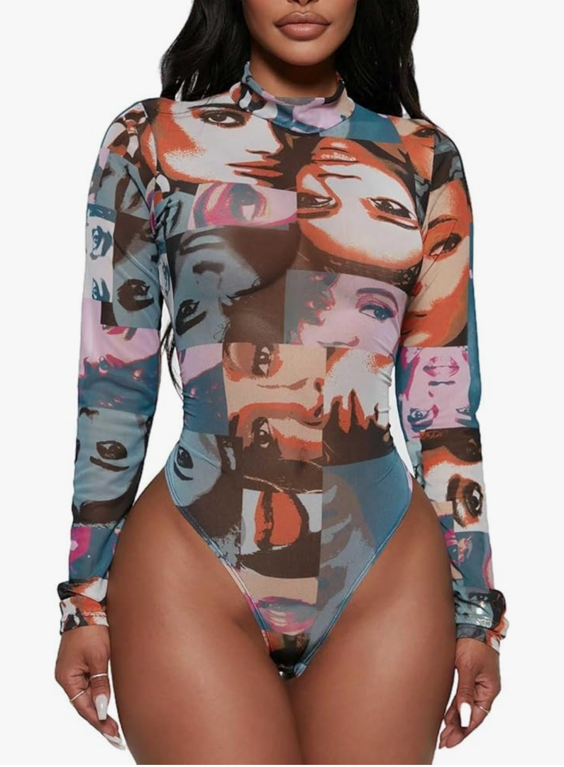 Women's Printed Mesh Long Sleeve Bodysuit, Sexy One Piece with Mock Neck Snap Crotch Leotard Top, L