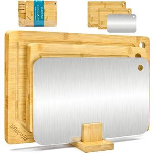 Bamboo Cutting Board Set of 2PC Large Bamboo Cutting Boards for Kitchen with Wooden Organizer, 1PC Stainless Chopping board for Meat, Vegetables and Fruits Ideas Kitchen Gift