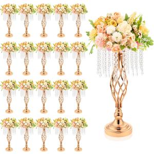Wesiti 10 Pcs Crystal Gold Flower Stand Elegant Metal Flower Arrangement Stand with Chandelier Crystals 17.7" Tall Gold Vase for Centerpieces Wedding Reception Hotel Favor