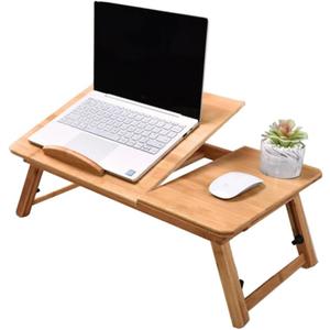 Bamboo Laptop Desk, Adjustable Portable Bamboo Laptop Table with Drawer, Folding Breakfast Tray Padded Lap Work Tray for Working Writing Drawing Surfing Reading Eating