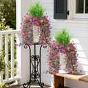 Artificial Hanging Flowers with Wheat Grass for Outdoors, 5 Pcs Fake Hanging Plants for Spring Decor, UV Resistant Faux Silk Flower Greenry for Planter Porch Patio Yard Garden(Mixd Purple Red)