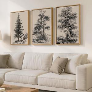 Large Framed Vintage Wall Art for Living Room, 3 Piece Tree Forest Artwork for Walls, Classic Rustic Sketch Canvas Paintings Prints for Office Hallway Wall Decor, 24x36 Inch