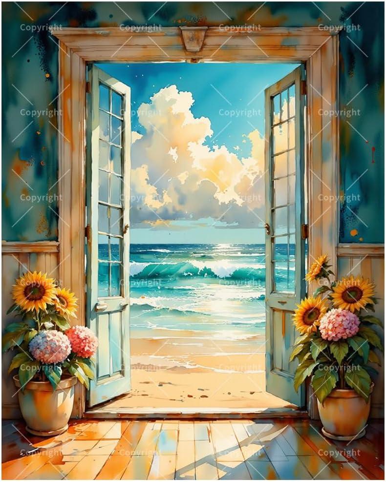 Beach View Paint by Numbers Kit for Adults - DIY Ocean Scene Through Doorway Painting on Canvas, Acrylic Paint Set, Suitable for Beginners, Art for Home Decoration or Gifts(16X20IN Framed)