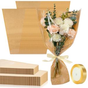 Flower Bouquet Wrapping Bags 9.8 x 17.9 Inch and 14.2 x 22 Inch Valentine's Kraft Paper Flower Sleeves Floral Bags with Ribbons for Mother's Day Bouquet Wedding Birthday(Kraft)