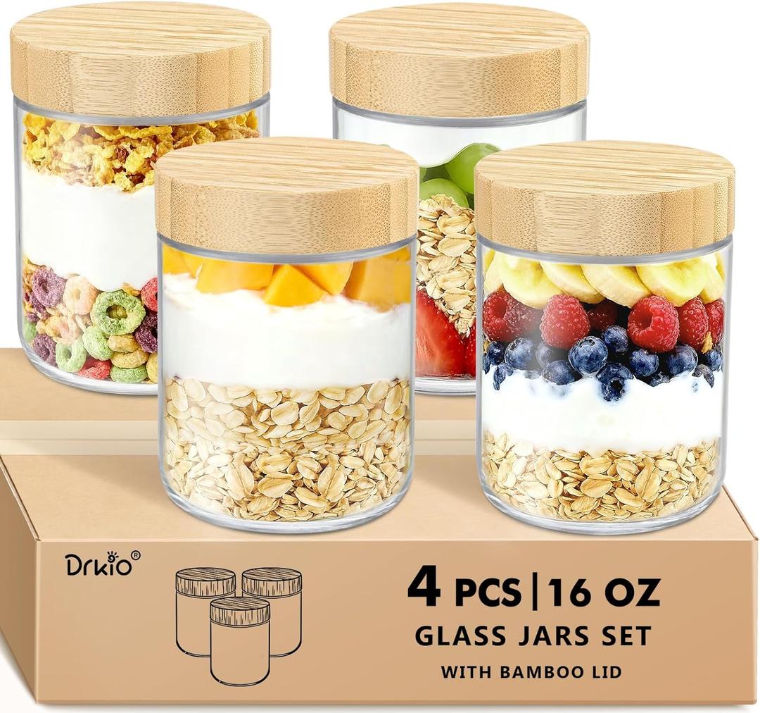 DRKIO 16 Oz Overnight Oats Containers with Bamboo Lids - 4 Pack Glass Storage Jars with Airtight Lids Wide Mouth Mason Food Jars Great for Meal Prep Salad Chia Pudding Snacks Yogurt Sugar Spice Cereal