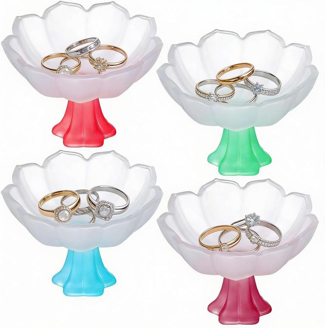 4 Pcs Flower Jewelry Dish Ring Holder Jewelry Tray Plate Bowl for Earrings Rings Necklaces Keys Organizer Room Decor Decorative Tray Trinket Dish Valentines Birthday Gifts for Women Mom